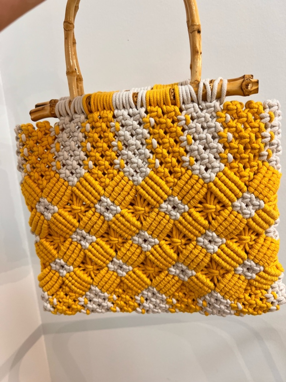 Handwoven Vintage Yellow & Cream Macramé Tote Bag with Bamboo Handles